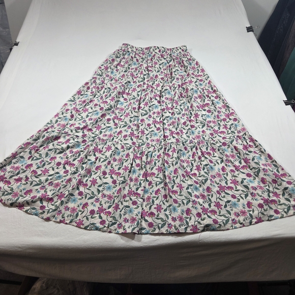 shosho Dresses & Skirts - shosho White Floral Maxi Skirt A line  Small Pink & Green Print Boho Layered